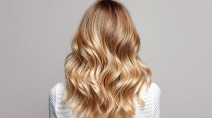 Naklejka premium Woman with long, wavy blonde hair, back view, against a neutral background