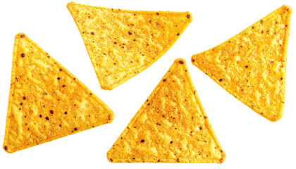 Four golden triangle corn chips on a black background