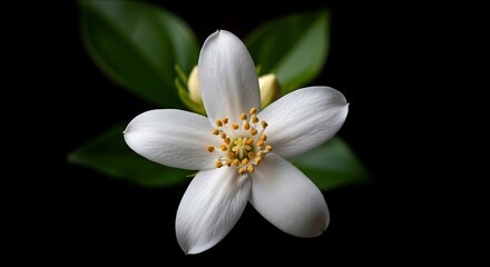 Obraz premium White flower with yellow stamens and green leaves against black.