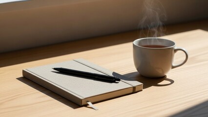 Still life of a steaming cup of coffee, a closed notebook, and a pen on a light wooden desk in natural sunlight.