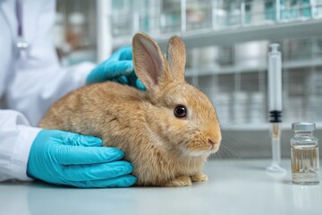 Veterinarian conducts vaccination examination on a rabbit in a clinical setting during a routine health checkup