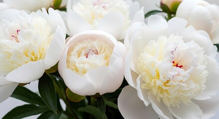 Delicate white peonies bloom with soft yellow centers and green leaves.