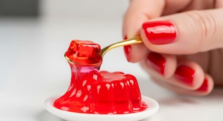 Red gelatin dessert is scooped with a golden spoon by a hand with red nails.