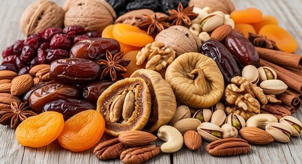 Assortment of dried fruits and nuts displayed on a wooden surface.