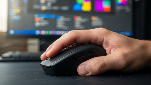 Close-up of a hand using a computer mouse on a desk with a monitor in the background displaying a colorful interface.