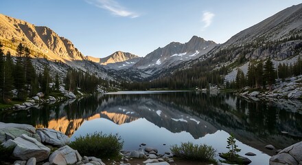 Serene mountain lake reflects rugged peaks and pine forests in golden sunlight.