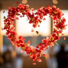 Obraz premium Red heart confetti cascades and floats against a soft, glowing background.