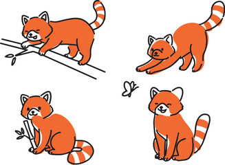 Set of cute red panda character icon hand drawing vector illustration. Isolated on white background.