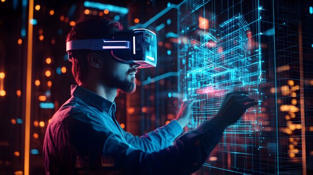 Man using virtual reality headset interacting with digital interface display - Powered by Adobe