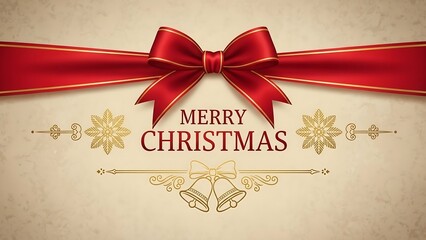 Elegant red ribbon and merry christmas greeting on vintage background