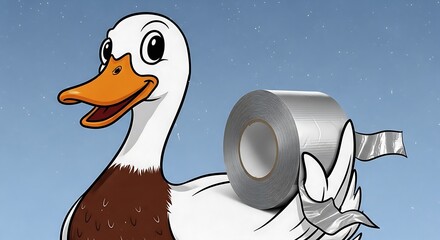 Cartoon duck holding a roll of silver tape against a blue background.