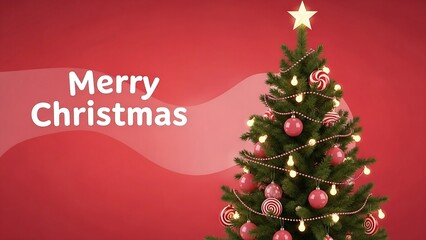 Festive decorated christmas tree with merry christmas text on red background