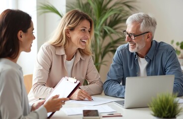 Mature couple signs home purchase documents with real estate agent. Happy man woman buy house. Bank worker consults family about mortgage. Financial advisor helps clients with investments contract.