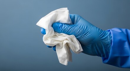 Hand in blue glove holds crumpled white cloth for cleaning against blue background.