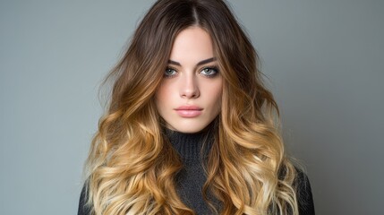 Woman showcases stylish ombre hair in a modern indoor setting during a beauty shoot, highlighting the artistry of hair coloring techniques in fashion