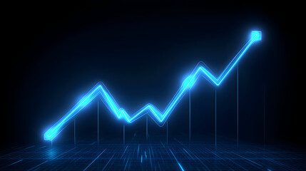 Glowing blue line graph showing upward trend on a dark grid background design