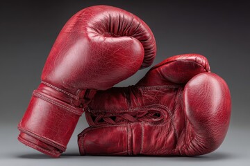 Realistic red leather boxing gloves resting on a dark surface, showcasing craftsmanship and design, perfect for training or competition scenarios in various settings