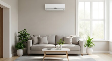 Modern living room features a comfortable sofa and air conditioning unit.