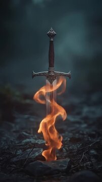 A majestic, ornate sword stands upright, its polished blade reflecting the intense, vibrant orange flames that dance and engulf its lower portion. The weapon is firmly planted in dark, textured ground