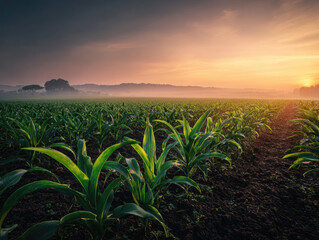 Fototapeta premium healthy green corn or maize leaves at agriculture plantation corn field beside agriculture farm.