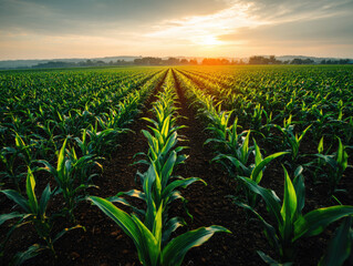 Fototapeta premium healthy green corn or maize leaves at agriculture plantation corn field beside agriculture farm.