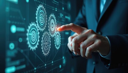 Businessman touches virtual screen with gears and icons. Man in suit interacts with digital interface. Business development concept with tech and innovation.