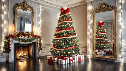 Fototapeta premium Red gold decorated christmas tree