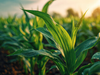 Fototapeta premium healthy green corn or maize leaves at agriculture plantation corn field beside agriculture farm.