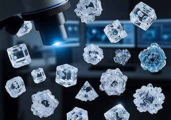 Close-up of transparent crystals under a microscope in a laboratory.