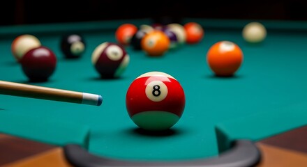 Cue ball strikes red ball with number eight on billiard table.