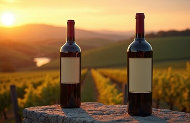 Obraz premium Two wine bottles stand on stone surface against vineyard background. Warm sunset light illuminates scene, enhancing drink presentation, product promotion. Ideal for wine brand advertisement