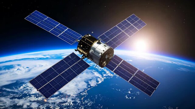 Satellite orbiting above Earth with solar panels deployed against a vibrant sun and planet atmosphere. Space exploration and communication equipment.