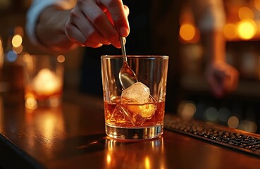Bartender prepares whiskey cocktail with ice and spoon at bar counter. Closeup shot of hand mixing amber drink in glass with bokeh background lights. Refreshing alcoholic beverage.