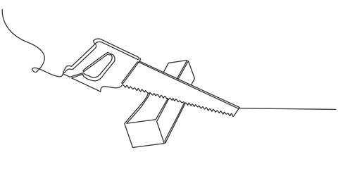 Hacksaw, wood saw, carpentry tools one line art. Continuous line drawing of repair, professional, hand, people, concept, support, maintenance.