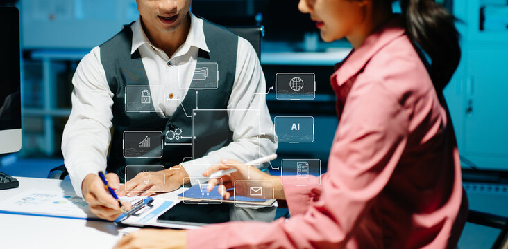 Working team meeting concept, business using laptop and smart phone and digital tablet computer with digital marketing media  in virtual icon