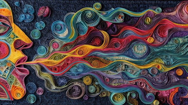 Form of the Mind: Quilled Silhouette and Colorful Vortex, a Dazzling Visual Symphony of Externalized Emotion