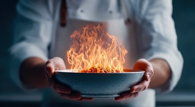 Chef presenting a flaming dish, culinary concept of fine dining and gourmet cuisine