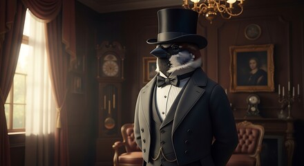 Dapper bird dressed in formal wear poses indoors.