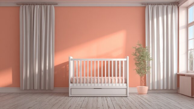 Minimalist Baby Crib in Bright Sunlit Nursery with Peach Wall and White Curtains - Powered by Adobe