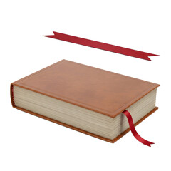 Closed book with brown cover and red ribbon bookmark isolated on white.