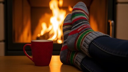 Relaxed Person Wearing Colorful Striped Socks Sitting by Fireplace with Red Mug in Cozy Living Room