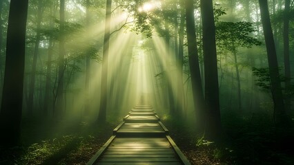 Fototapeta premium Serene Sunlit Forest Path in Green Nature with Sunbeams Filtering Through Trees