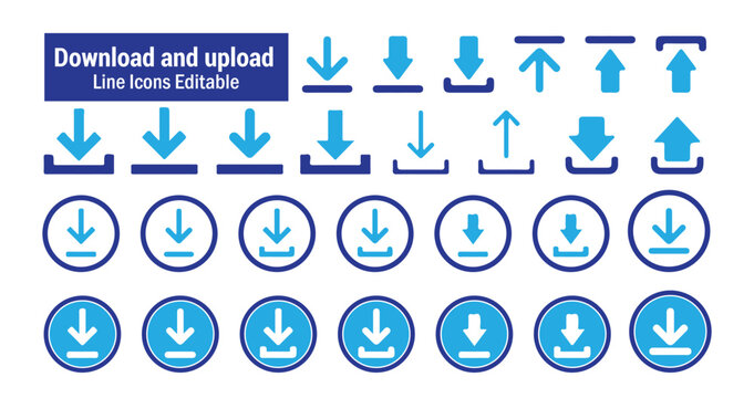 Blue Download and Upload Icon Set. Vector Arrow and Round Buttons.