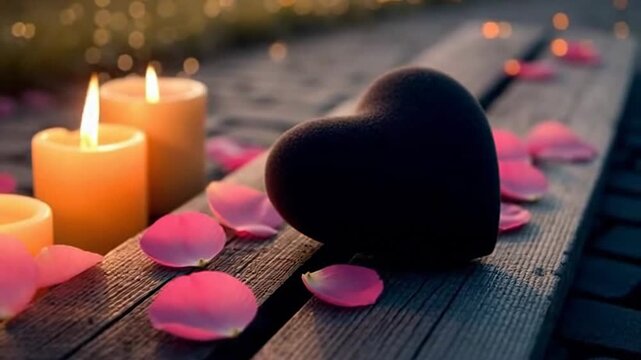 Romantic Evening Candles, Heart and Rose Petals on a Wooden Surface