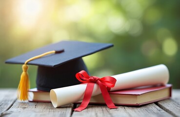 Black graduation cap diploma scroll with red ribbon and books on wooden table. Ceremony celebration concept related education accomplishment.
