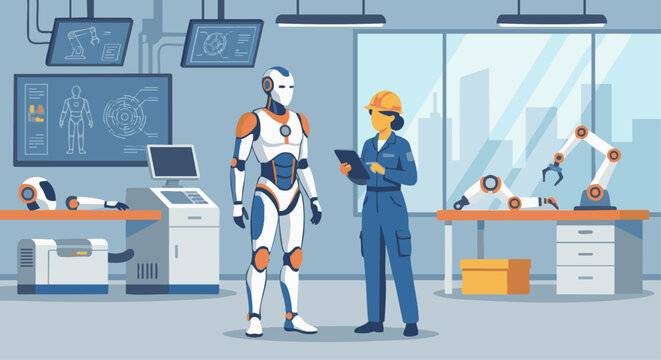 &ldquo;Flat vector of a humanoid robot standing next to a technician holding a tablet, solid colors, modern robotics lab environment.&rdquo;