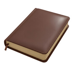 Closed brown leatherbound book with ribbon bookmark on white background.
