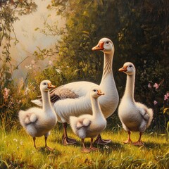 Obraz premium Vintage pastoral goose family in golden sunlight, white geese on green meadow, rustic farm bird wildlife scene for nature design