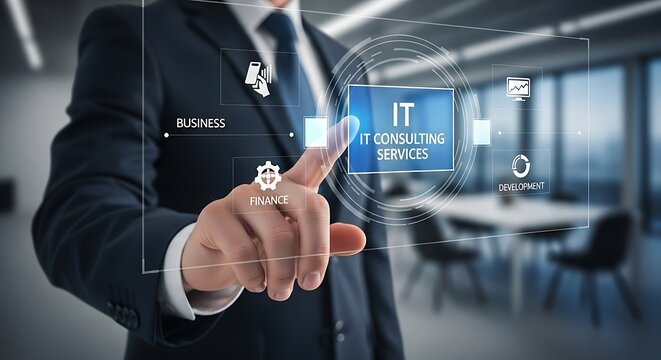 Professional touches screen displaying IT consulting services menu. - Powered by Adobe