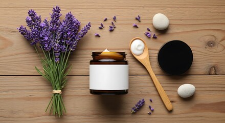 Jar of cream with lavender flowers and smooth stones on wood.